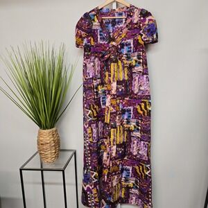 Vintage Handmade Womens Maxi Dress‎ Short Sleeve Tie Front Purple Yellow Blue
